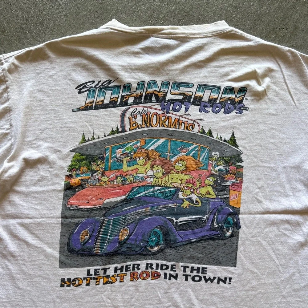 Vintage 90s Big Johnson Hot Rods Shirt Size XL White Cafe E Normous NJHRA Car
